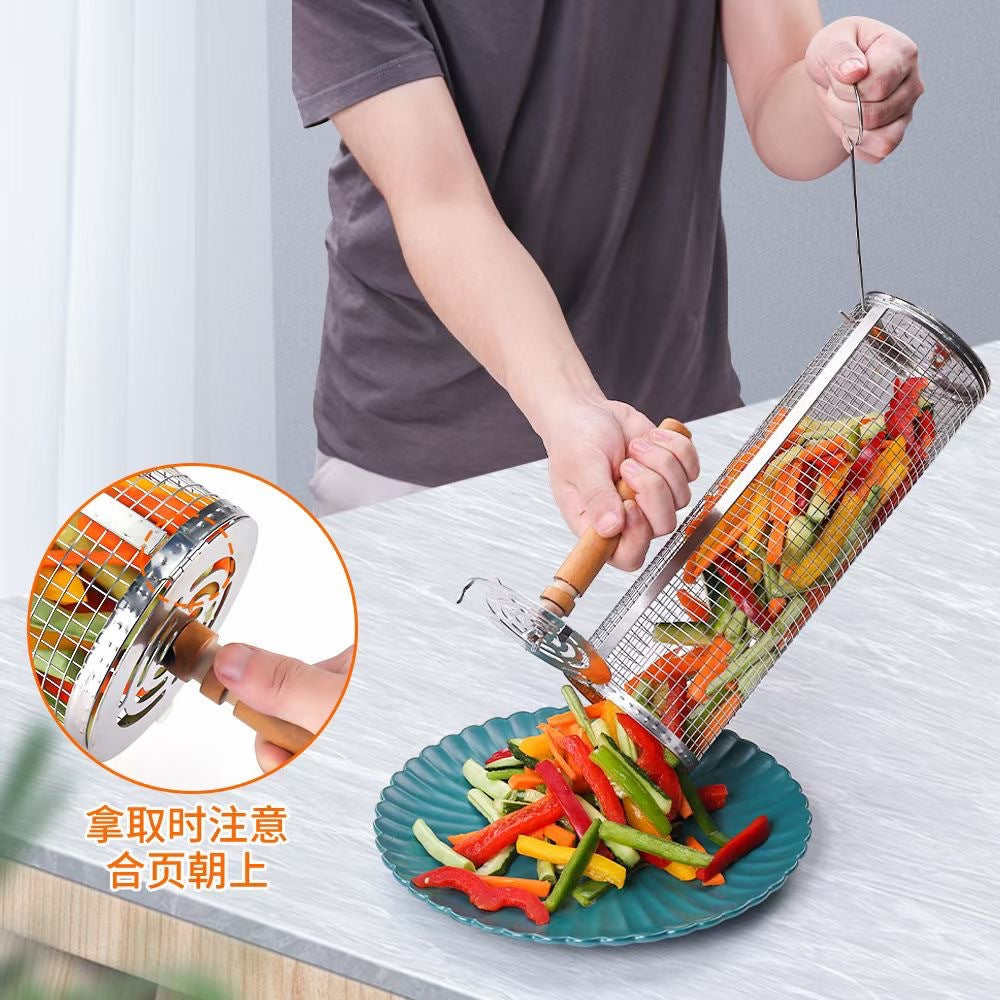 Rolling Barbecue Cage Outdoor BBQ Barbecue Basket 304 Stainless Steel Barbecue Cylinder Barbecue Mesh Cage