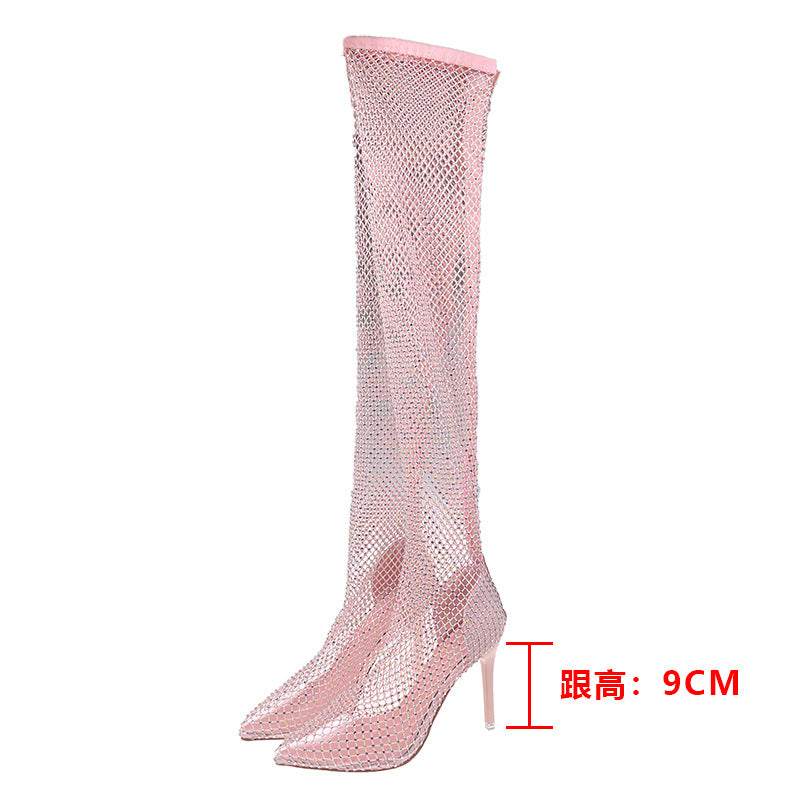 2022 Kardashian With The Same Cool Boots High Heel Stiletto Back Zipper Rubber Sole High Tube Over The Knee Rhinestone Mesh High Heels