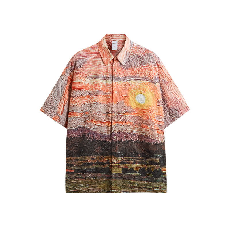 Sunset Seersucker Shirt 2024 Spring And Summer New Street Fashion Brand Loose Men's Short Sleeve Shirt
