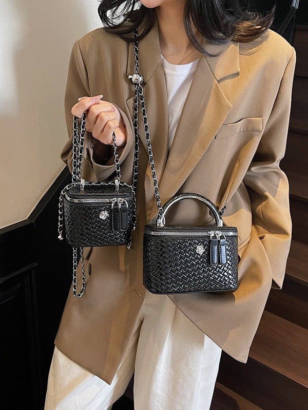 Cross-border Niche Design Box Small Square Bag Women's Woven Pattern High-end Retro European And American Chain Shoulder Crossbody Bag
