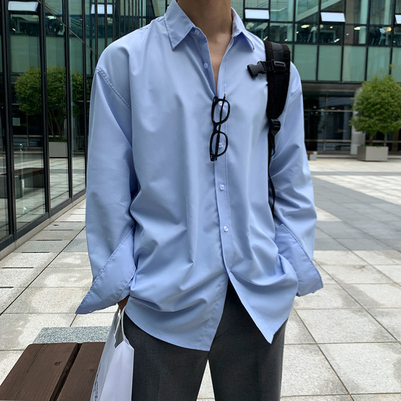 MYQ Shirt Long Sleeve Men's Autumn Loose Korean Style High-grade Shirt Light Mature Style Casual Solid Color Shirt