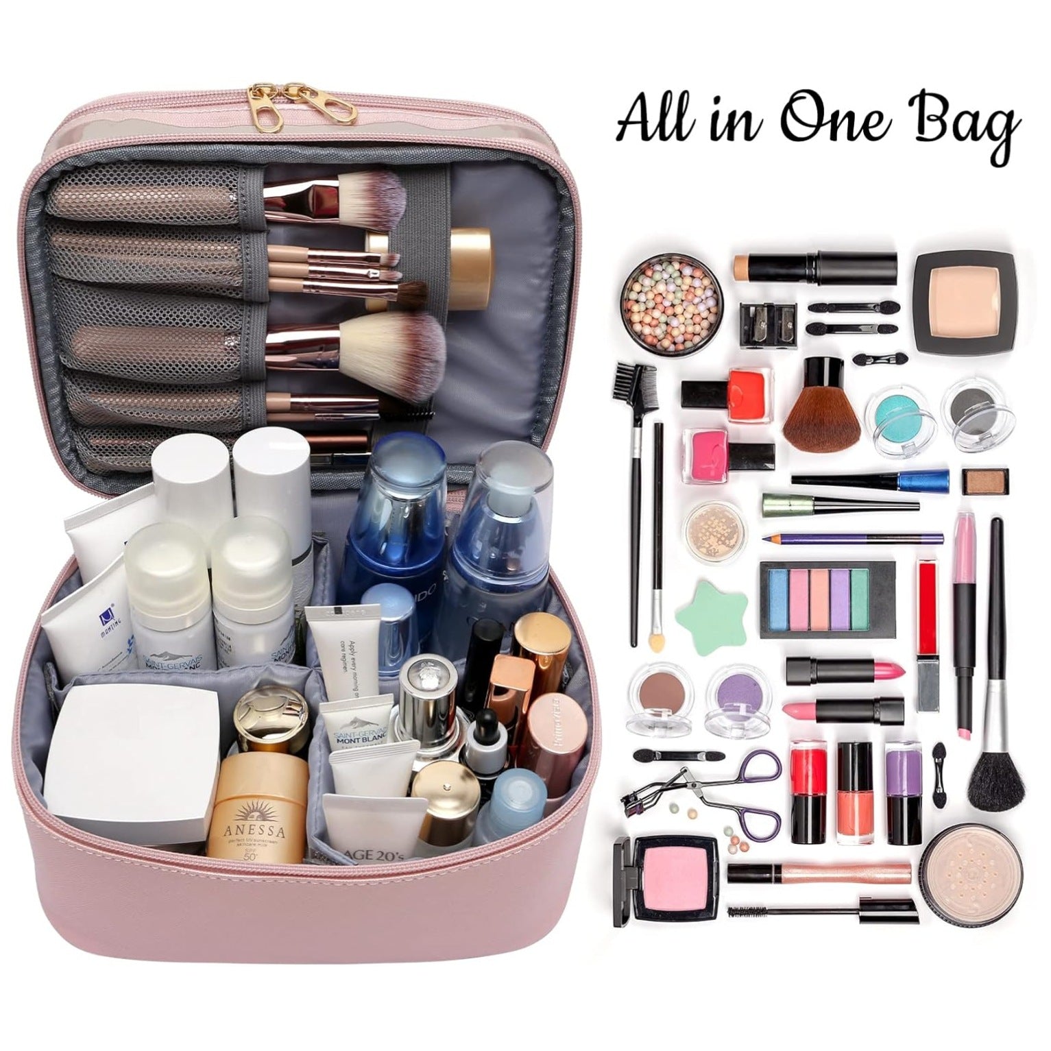 Leather Double Layer Large Organizer Bag Commuter Travel Removable Commuter Cosmetic Storage Bag