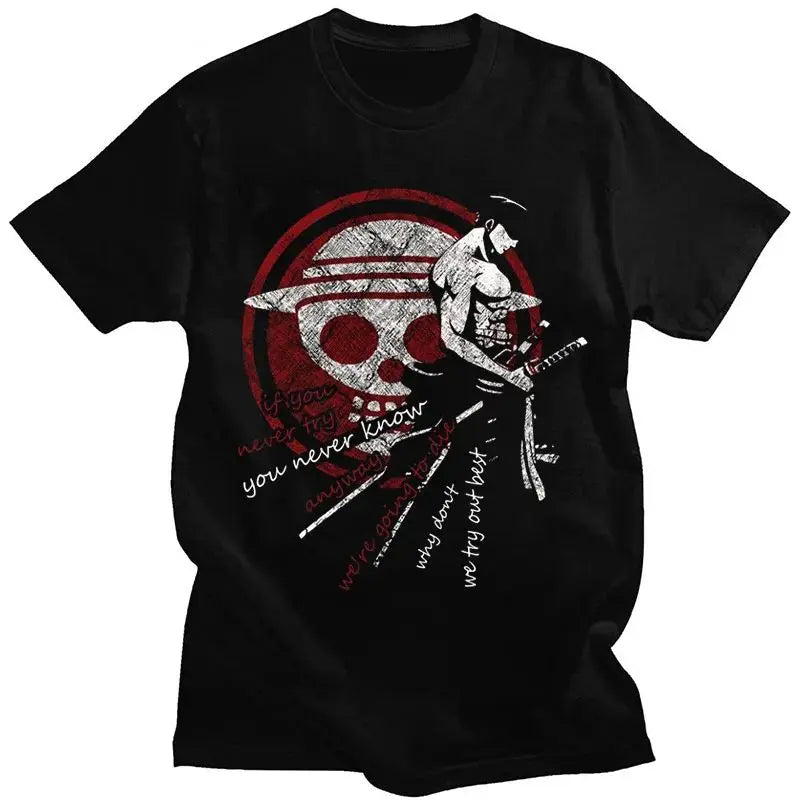 Summer Anime One Piece T-shirt Luffy Zoro Men Cotta Round-neck Sports Casual Loose Cartoon Printing Short-sleeved Tops Clothing