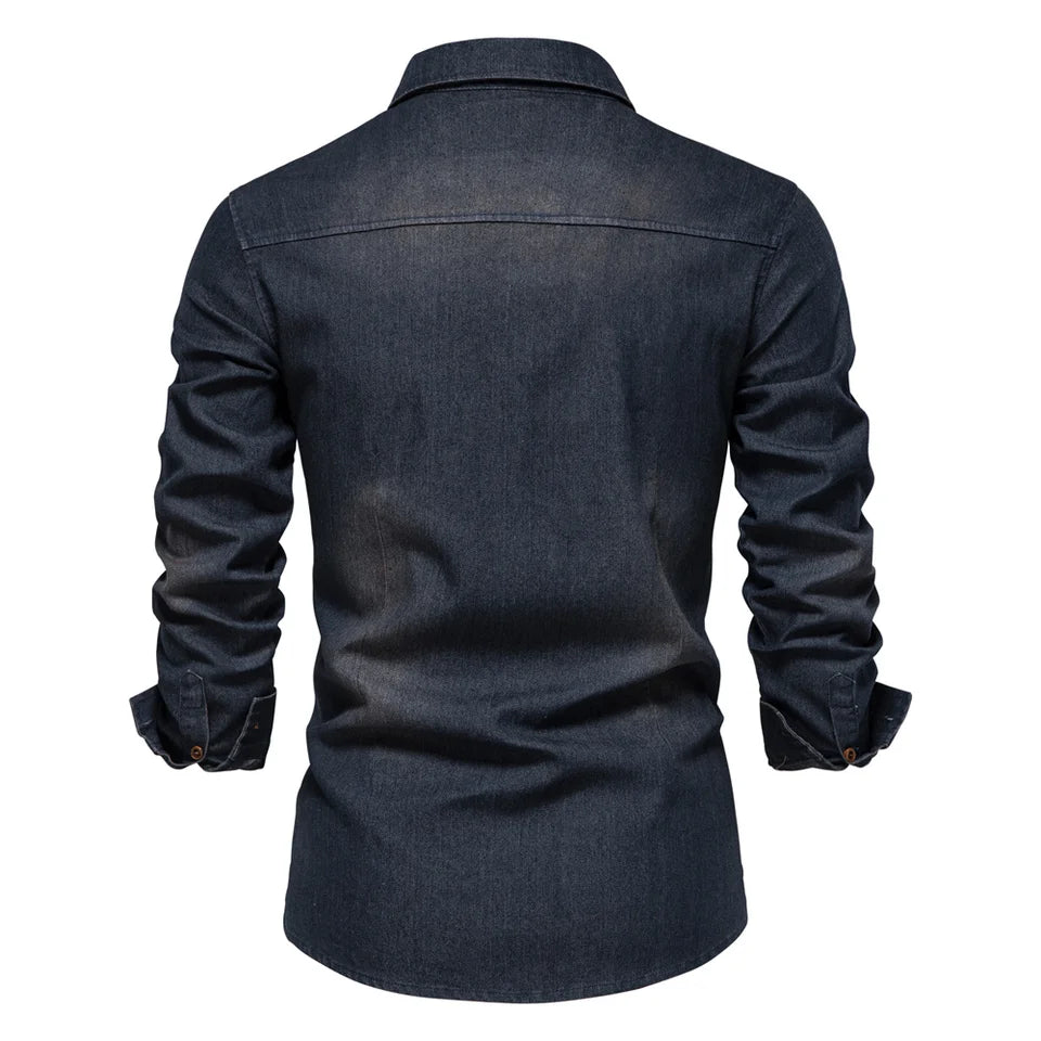 Men's Casual Solid Color Non-iron Long-sleeved Denim Shirt